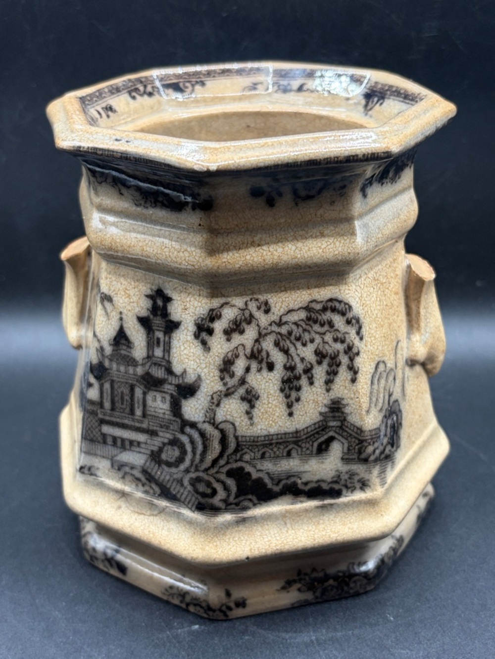 Antique Trademarked Black Transferware Ironstone Jar Vessel Pot Upcycle Vase